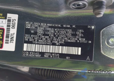 2008 Toyota Sequoia Limited 5.7L V8 из США, поврежденный, VIN 5TDBY68A98S014652